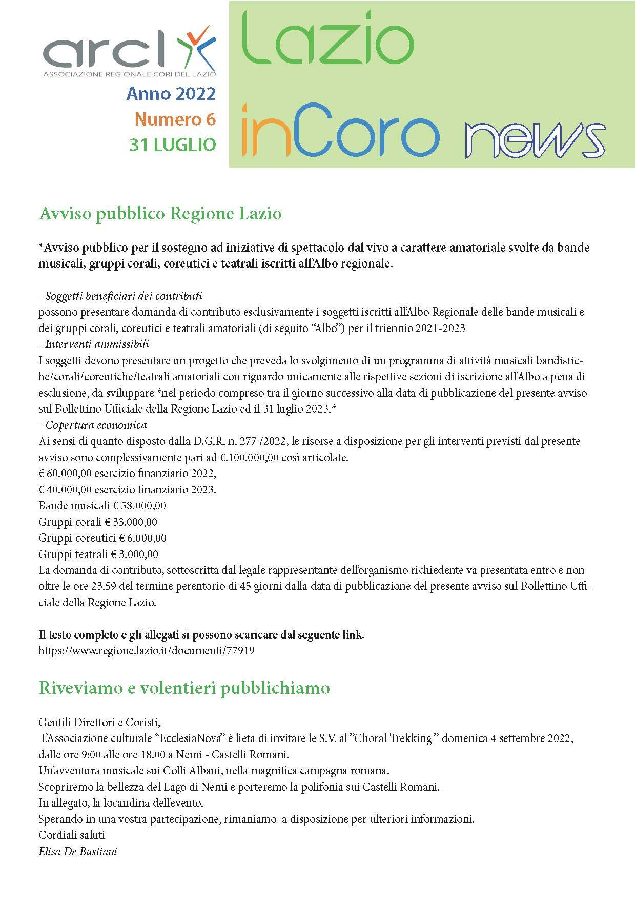 Lazioincoro News 6 - 31 luglio 2022